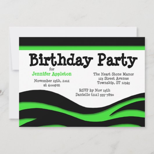 Green Zebra Imprimer Vagues Invitations Anniversai (Devant)