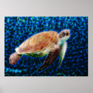 Green Zee Turtle Honu on Blue Fractal Art Poster