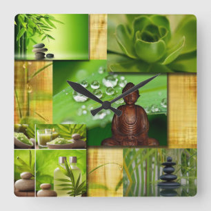 Green Zen & Buddha Serenity Collage Vierkante Klok