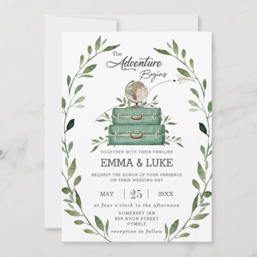 Greenery Adventure Wedding Suitcase Reisreis Kaart (Voorkant)