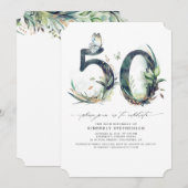 Greenery and Gold 50th Birthday Invitation Kaart (Voorkant / Achterkant)