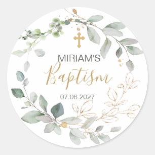 Greenery and gold foliage Baptisme Classic Round Ronde Sticker