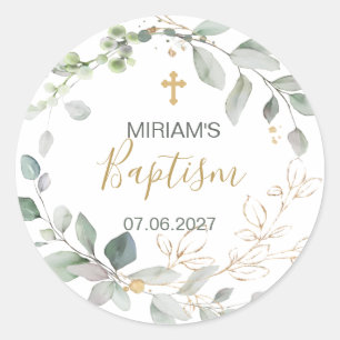 Greenery and gold foliage Baptisme Ronde Sticker