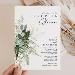 Greenery and Gold Leaf Couples Shower Invitation Kaart