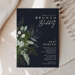 Greenery and Gold Leaf Dark Navy Brunch en Bubble Kaart