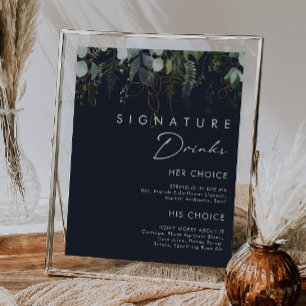 Greenery and Gold Leaf Navy Signature Drinks Sign Poster