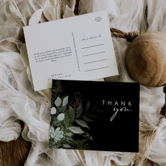 Greenery and Gold Leaf Script Black Hartelijk dank Briefkaart