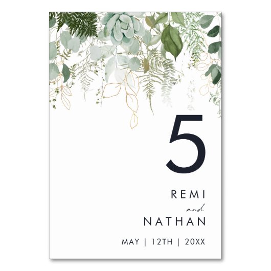 Greenery and Gold Leaf Table Number Kaart (Achterkant)