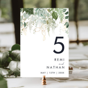 Greenery and Gold Leaf Table Number Kaart