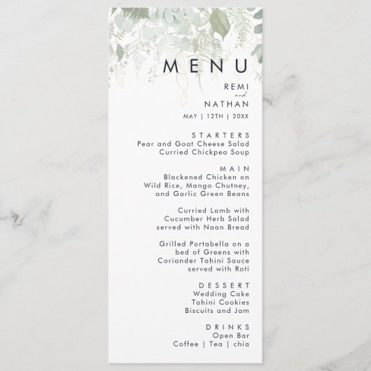 Greenery and Gold Leaf Wedding Dinner Menu (Voorkant)