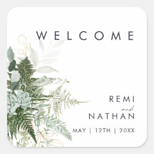 Greenery and Gold Leaf Wedding Welcome Sticker