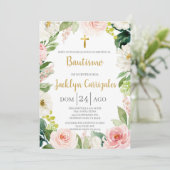 Greenery and pink floral baptism invite kaart (Staand voorkant)