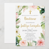 Greenery and pink floral baptism invite kaart (Voorkant / Achterkant)