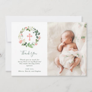 Greenery and Pink Floral Waterverf Baptism Foto Bedankkaart