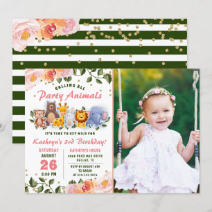 Greenery Animal Friends Pink Floral Birthday Foto Kaart