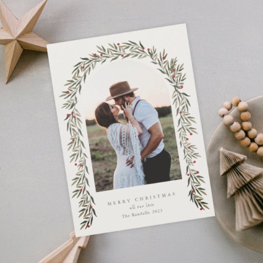 Greenery Arch Modern Script Foto Kerstmis Feestdagenkaart