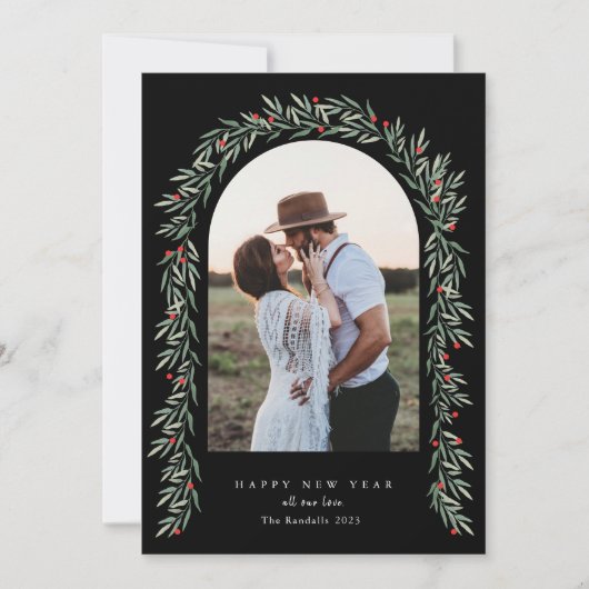 Greenery Arch Modern Script Photo Happy Nieuwjaar Feestdagenkaart (Voorkant)
