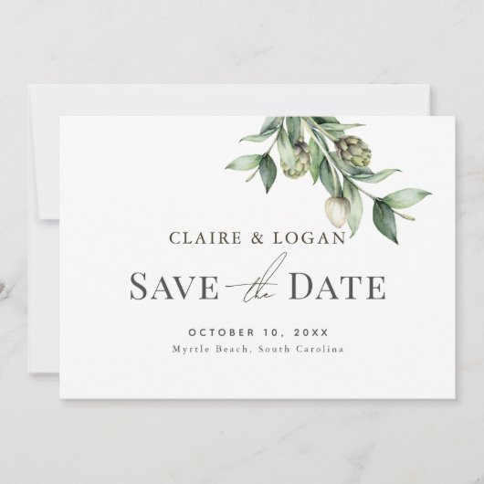Greenery Artichoke Waterverf Green Save the Date Kaart (Voorkant)