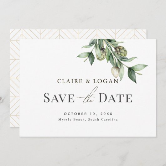 Greenery Artichoke Waterverf Green Save the Date Kaart (Voorkant / Achterkant)