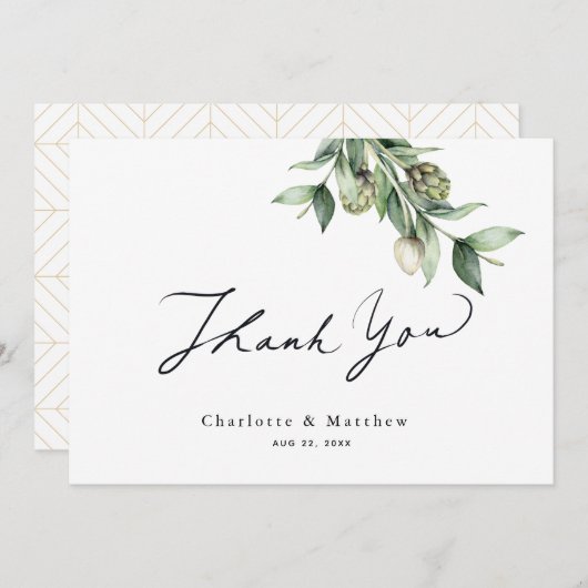 Greenery & Artichokes Waterverf Wedding Bedankkaart (Voorkant / Achterkant)