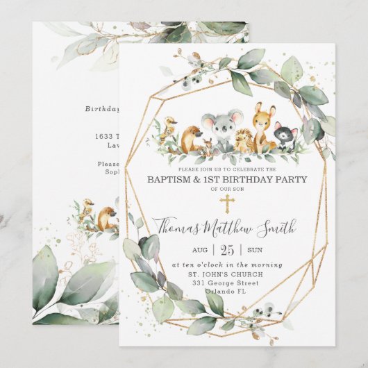 Greenery Australian Animals Baptism & 1st Birthday Kaart (Voorkant / Achterkant)