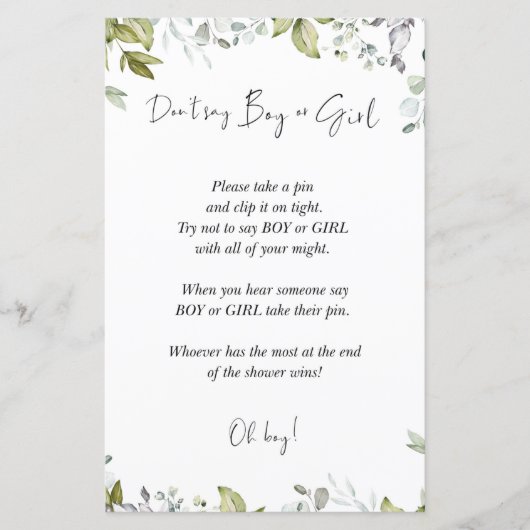 Greenery Baby shower Game zegt geen jongen of meis (Voorkant)