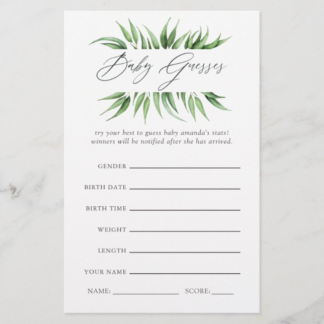 Greenery Baby shower Guessing Game (Voorkant)