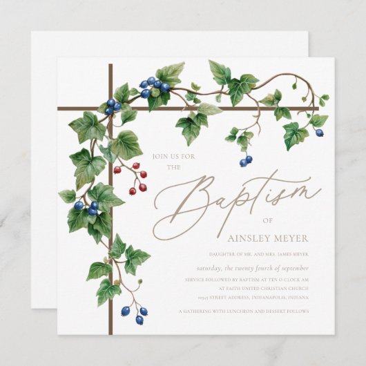 Greenery Bedekte Kruis Gouden Script Doop Kaart (Voorkant / Achterkant)