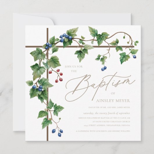 Greenery Bedekte Kruis Gouden Script Doop Kaart (Voorkant)