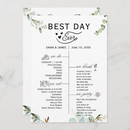 Greenery Best Day Ever Program Invitation Programma (Voorkant / Achterkant)