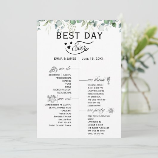 Greenery Best Day Ever Programma Uitnodiging (Staand voorkant)