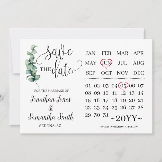 Greenery bewaar de datum kalender minimalistische  kaart (Voorkant)