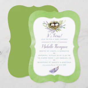Greenery Birds Nest Twins Baby shower Invite Kaart