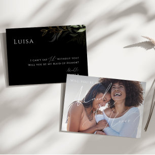 Greenery Black en Gold Photo Maid of Honor Kaart