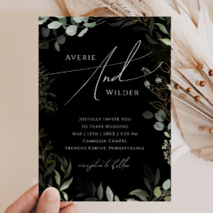 Greenery Black en Gold Wreated Casual Wedding Kaart