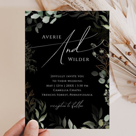 Greenery Black en Gold Wreated Casual Wedding Kaart