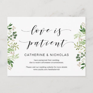 Greenery, Black, Modern Wedding Postponement Briefkaart