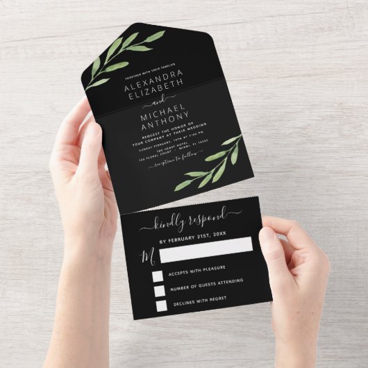 Greenery Black Simple Elegant Wedding All In One Uitnodiging (Afscheurbaar)