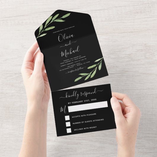Greenery Black Simple Elegant Wedding RSVP All In One Uitnodiging (Afscheurbaar)
