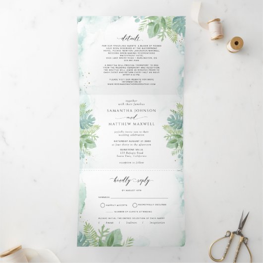 Greenery, Blauwe Groene Waterverf met RSVP Wedding Drieluik Uitnodiging (Binnen)