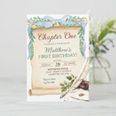 Greenery Blue Bow Storybook Chapter One Verjaardag Kaart (Staand voorkant)