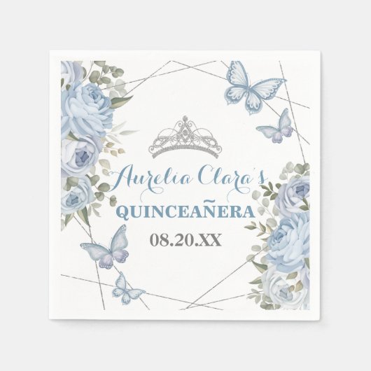 Greenery Blue Floral Butterflies 16e Quinceañera Servet (Voorkant)