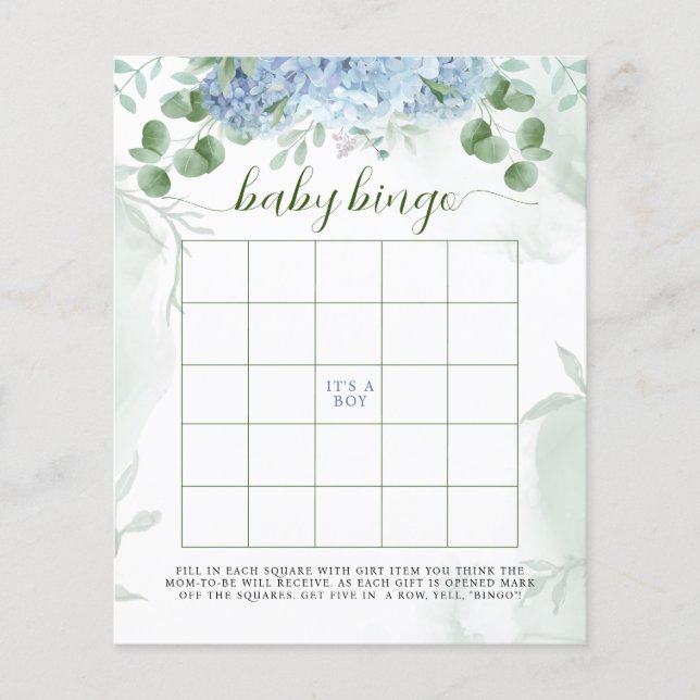 Greenery Blue hydrangea Baby Bingo Baby shower (Voorkant)
