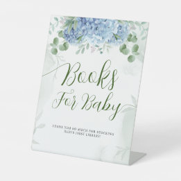 Greenery Blue hydrangea Books for Baby shower Reclamebord Met Voetstuk