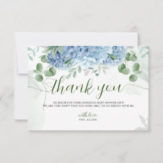 Greenery Blue hydrangea Dank u Baby shower Bedankkaart