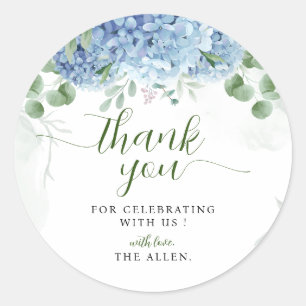 Greenery Blue hydrangea Dank u Baby shower Ronde Sticker