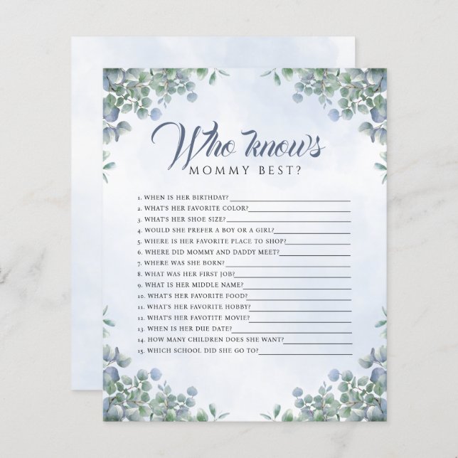 Greenery Blue Waterverf die weet mama Baby spel (Voorkant / Achterkant)