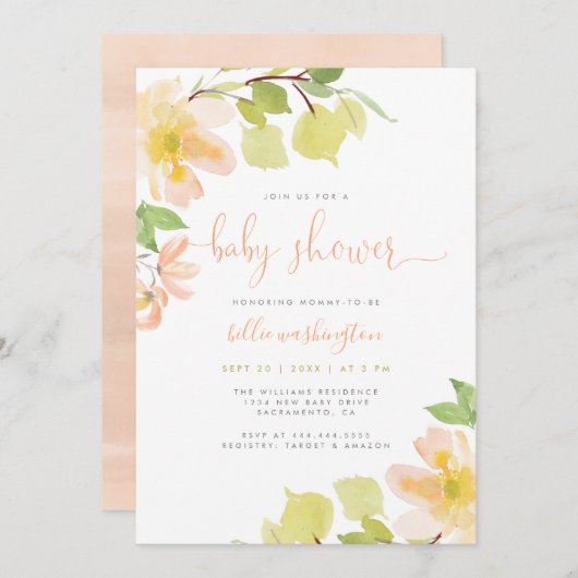 Greenery & Blush Pink Floral Script Baby shower Kaart (Voorkant / Achterkant)