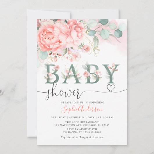 Greenery Blush Roze Roos Goud Elegant Baby shower Kaart (Voorkant)