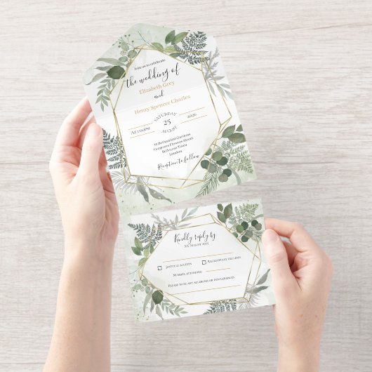 Greenery boho gold watercolour geometric wedding all in one uitnodiging (Uittrekbaar)